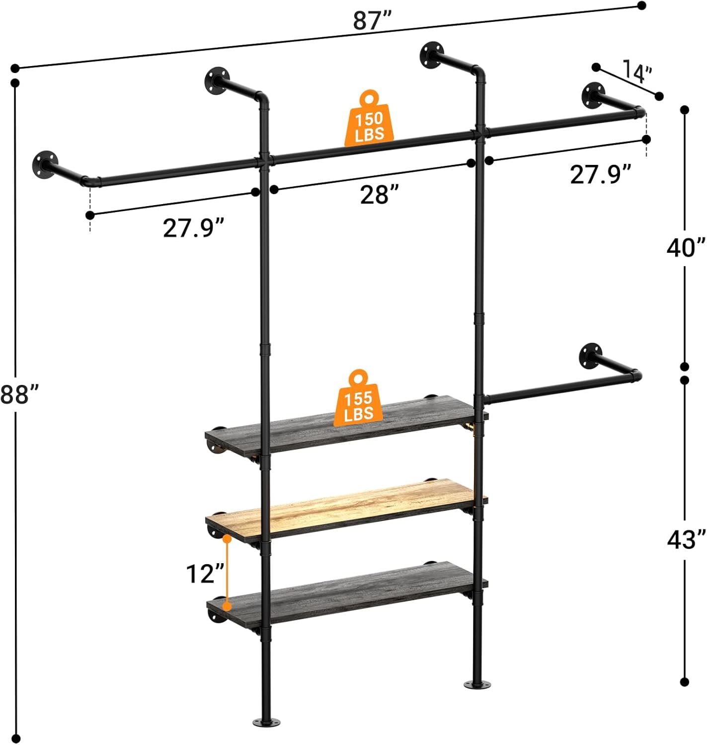 Homieasy Industrial Pipe Clothing Rack, Reversible 7.25FT Wall Mounted Clothes Rack, Heavy Duty Garment Racks Closet Wardrobe with LED Lights& Shelves, Walk-in Closet System, Black Oak
