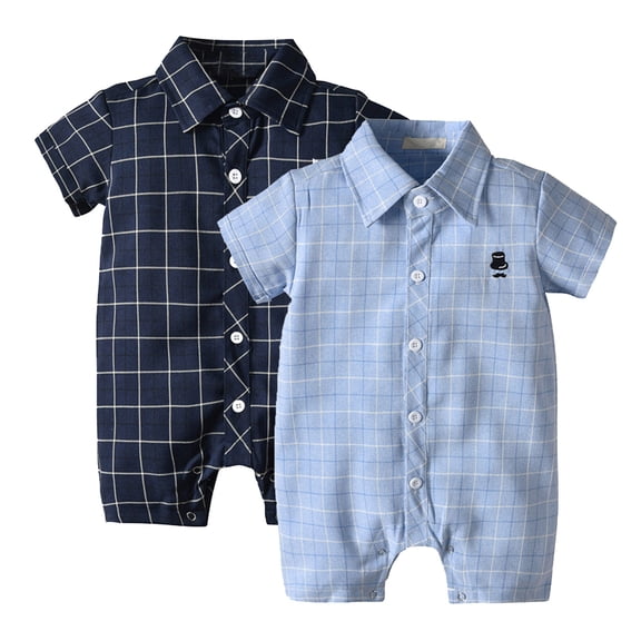 Baby Boy Romper Boys Short Sleeve Plaid Collar Gentleman Romper Jumpsuit Toddler Jumpsuit Dark Blue 18-24 Months