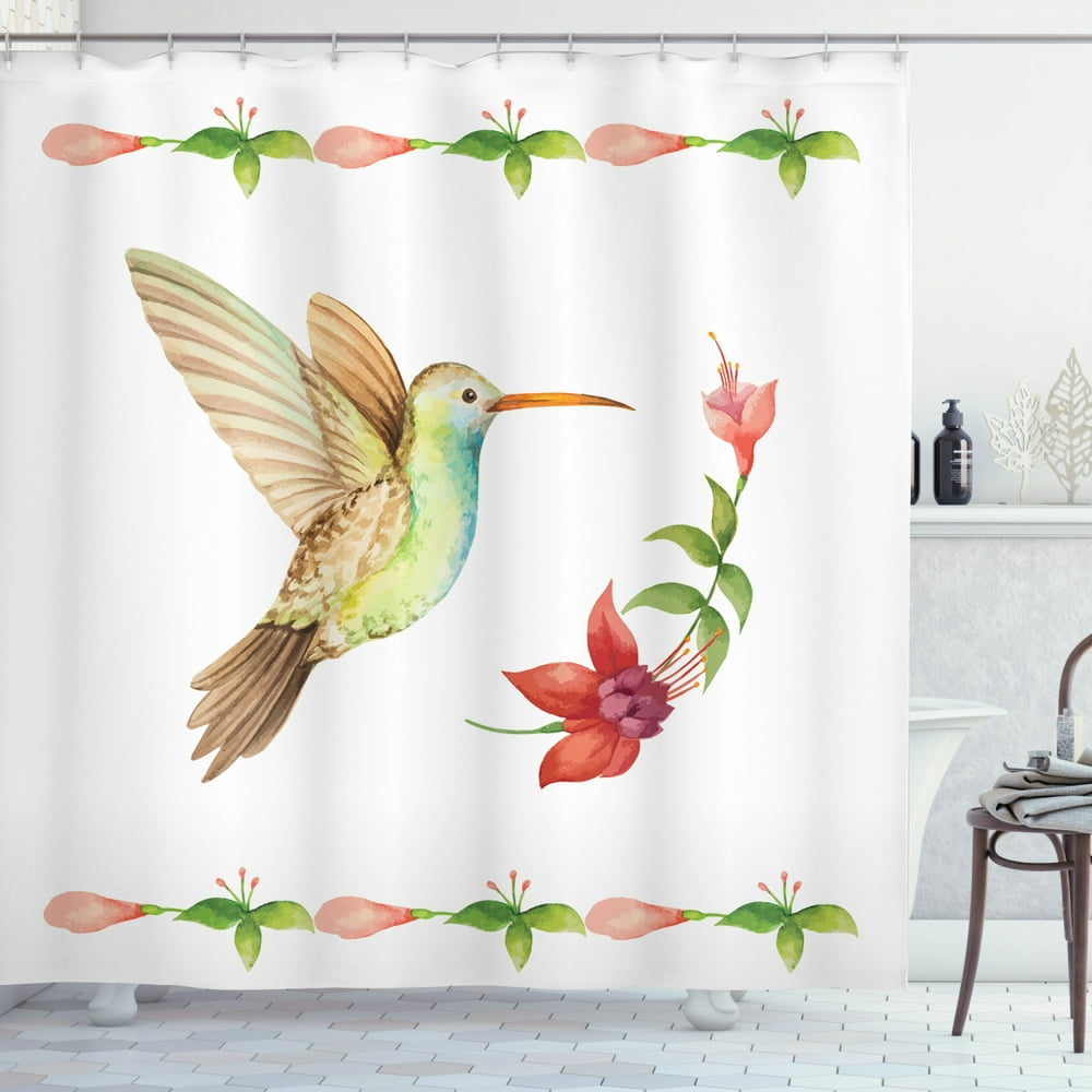 Hummingbirds Decorations Shower Curtain Set, Hummingbird Flying Over A Fuchsia Flower Stem