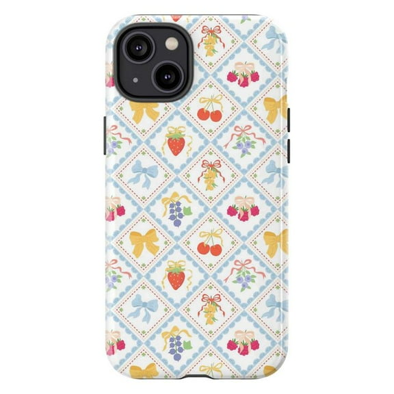 Cute Bow & Fruit Patchwork Phone Case for iPhone 16 15 14 13 12 11 Pro Max Plus Mini – Kawaii Cottagecore Aesthetic, Protective Pastel Phone Cover with Cherry, Strawberry & Grape Pattern