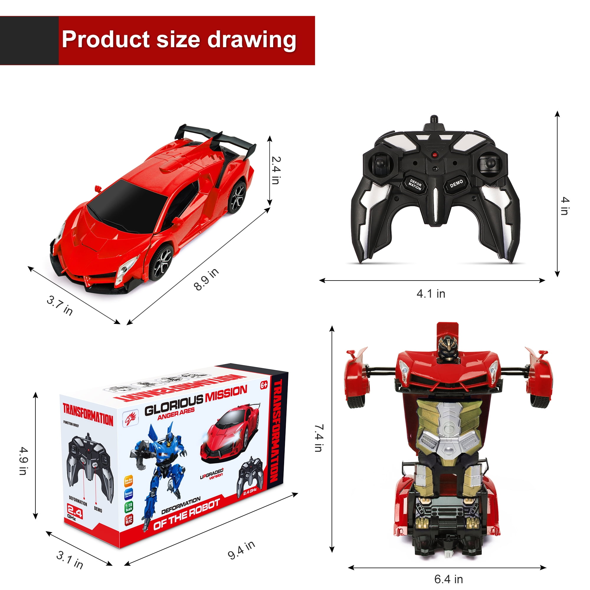 Carsky Remote Control Car,Transform Robot Toys 1:18 RC Cars for Kids,Red, 2.4Ghz 360°Rotating Stunt Race Car Toys for Kids Boys 5-8.