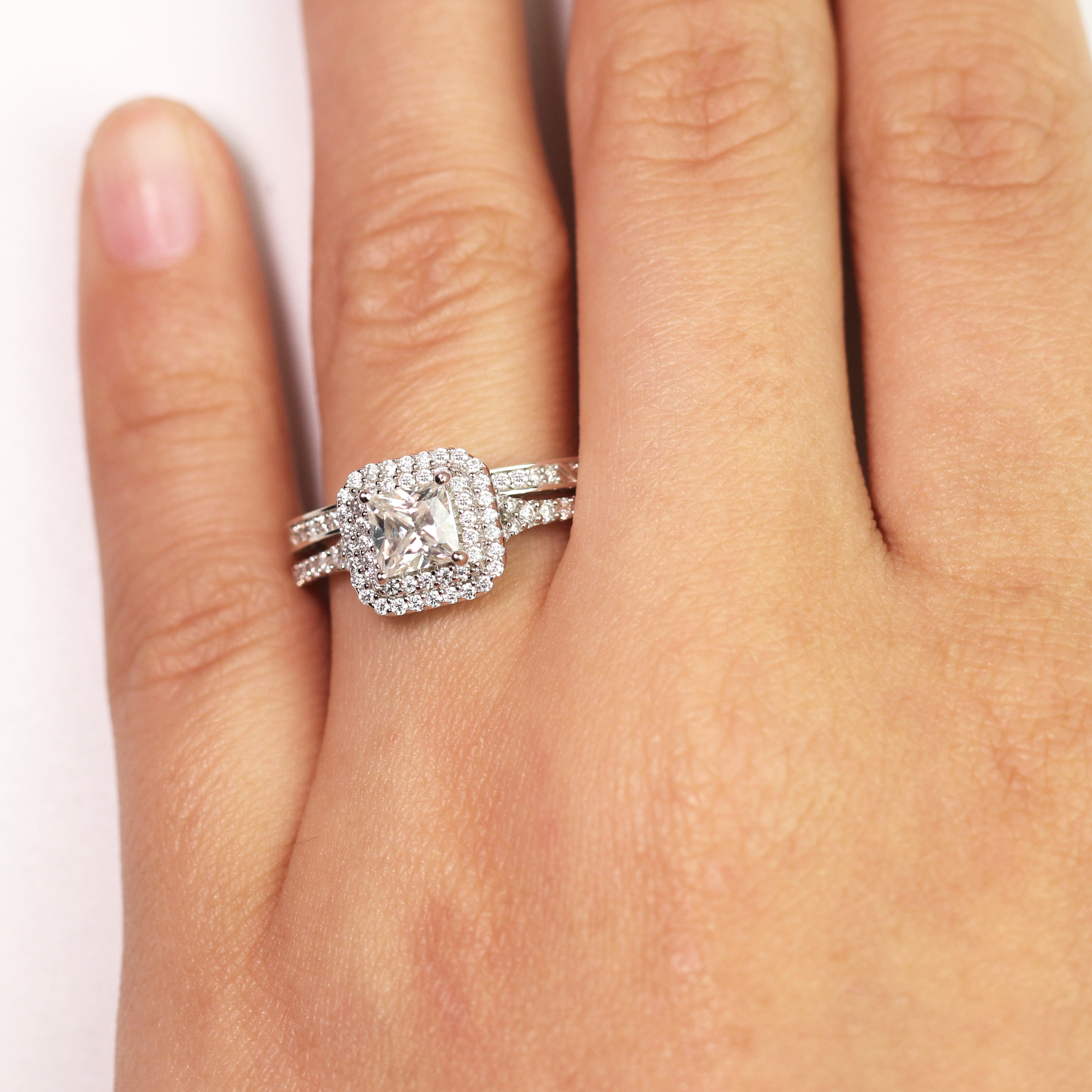 JeenMata 1.75 ct - Square Cut Moissanite - Pave Set - Split Band - Double Halo Engagement Ring - Bridal Set - 18K White Gold Plating for Women
