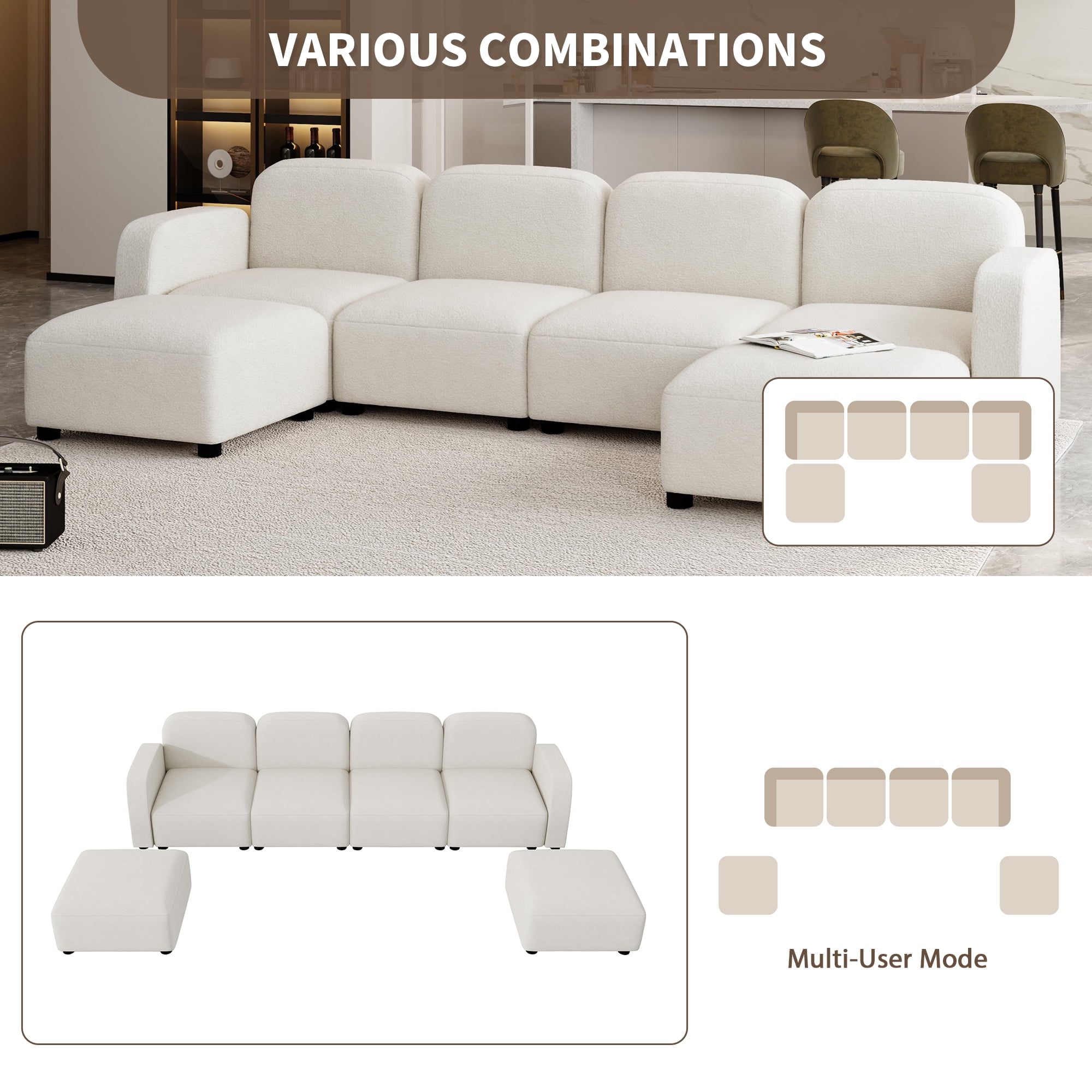 EUROCO 116" U Shaped Modular Sectional Sofa Couch, Reversible 6 Seat Velvet Sleeper Cloud Sofa Bed with Ottoma, onvertible Oversized Indoor Furniture Pieces for Living Room, Beige