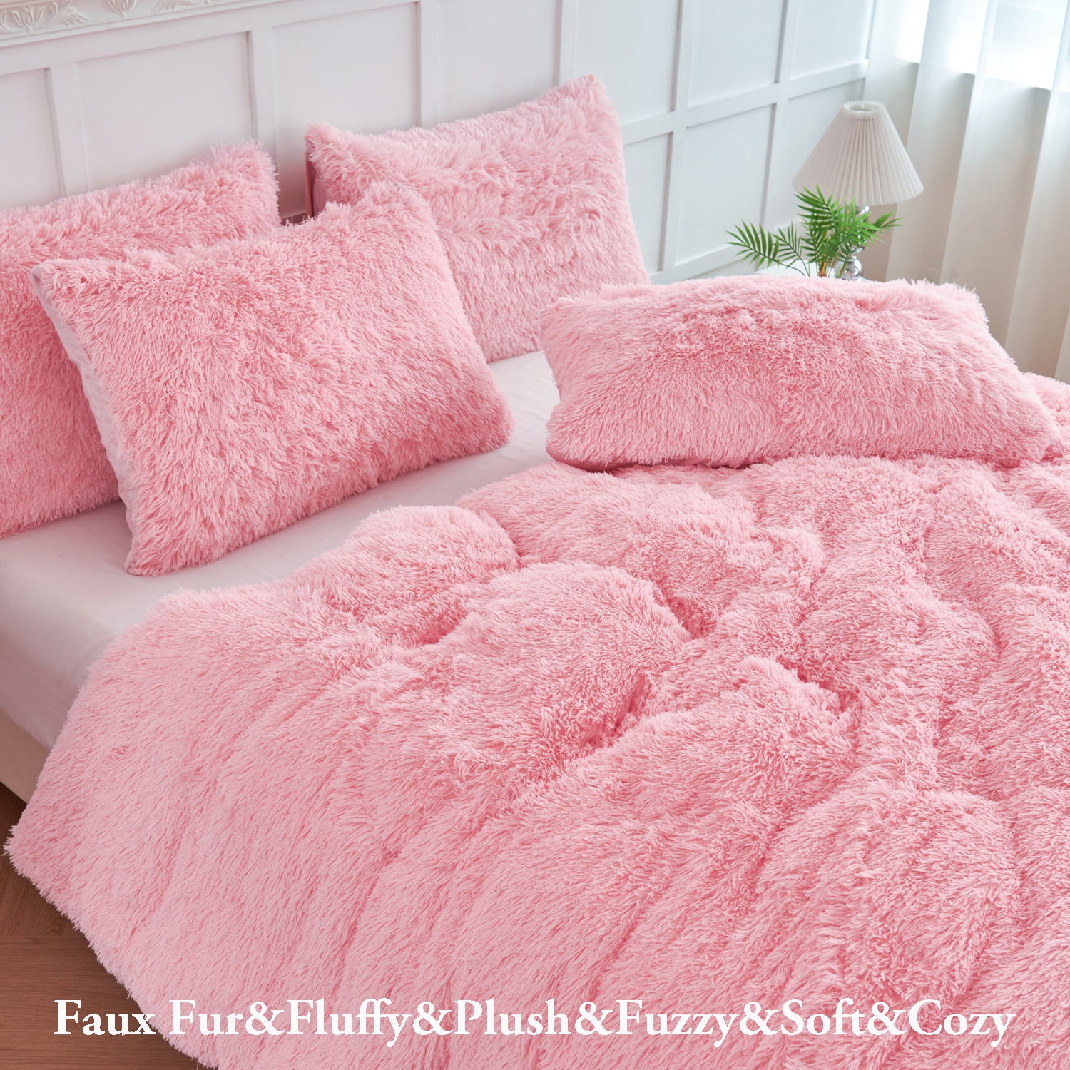 URBONUR 3 Pieces Pink Bedding Comforter Set Queen Size Faux Fur Comforter Sets for Women Girls Plush Fluffy Bedding Sets for All Season(1 Shaggy Comforter + 2 Faux Fur Pillowcases)