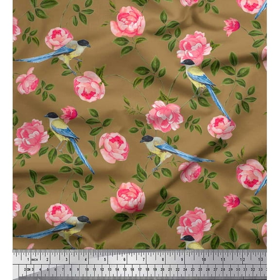 Soimoi Cotton Duck Fabric Leaves,Floral & Leafbird Bird Print Fabric by The Yard 42 Inch Wide