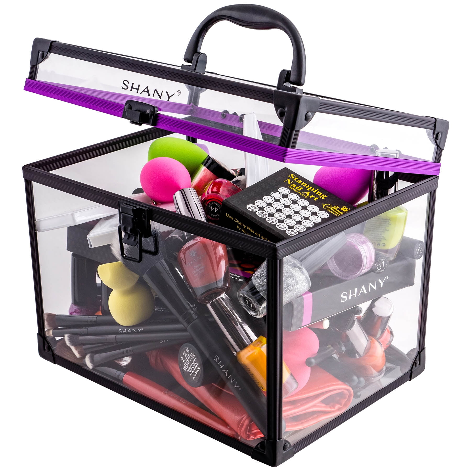 SHANY Clear Cosmetics and Toiletry Train Case - Clear Travel Makeup Bag Case Organizer with Secure Closure and Black/Purple Accents - 3PC Set