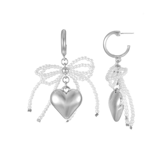 No Boundaries Silver-Tone Hoop Earrings with Heart and Bow Charms, 1-Pair, Women’s