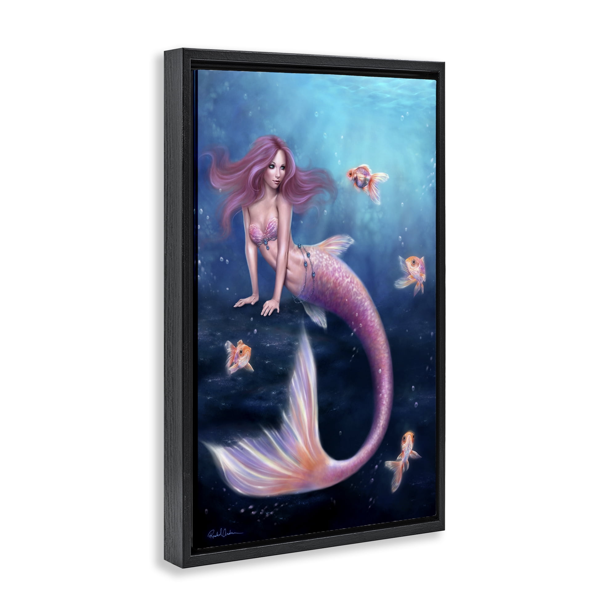 Aurelia Mermaid & Fish Black Framed Floater Canvas Wall Art, design by Rachel Anderson