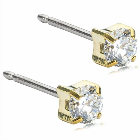 Blomdahl | Hypoallergenic | Golden Titanium Prong Set CZ Stud Earrings | Best Choice For Sensitive Ears
