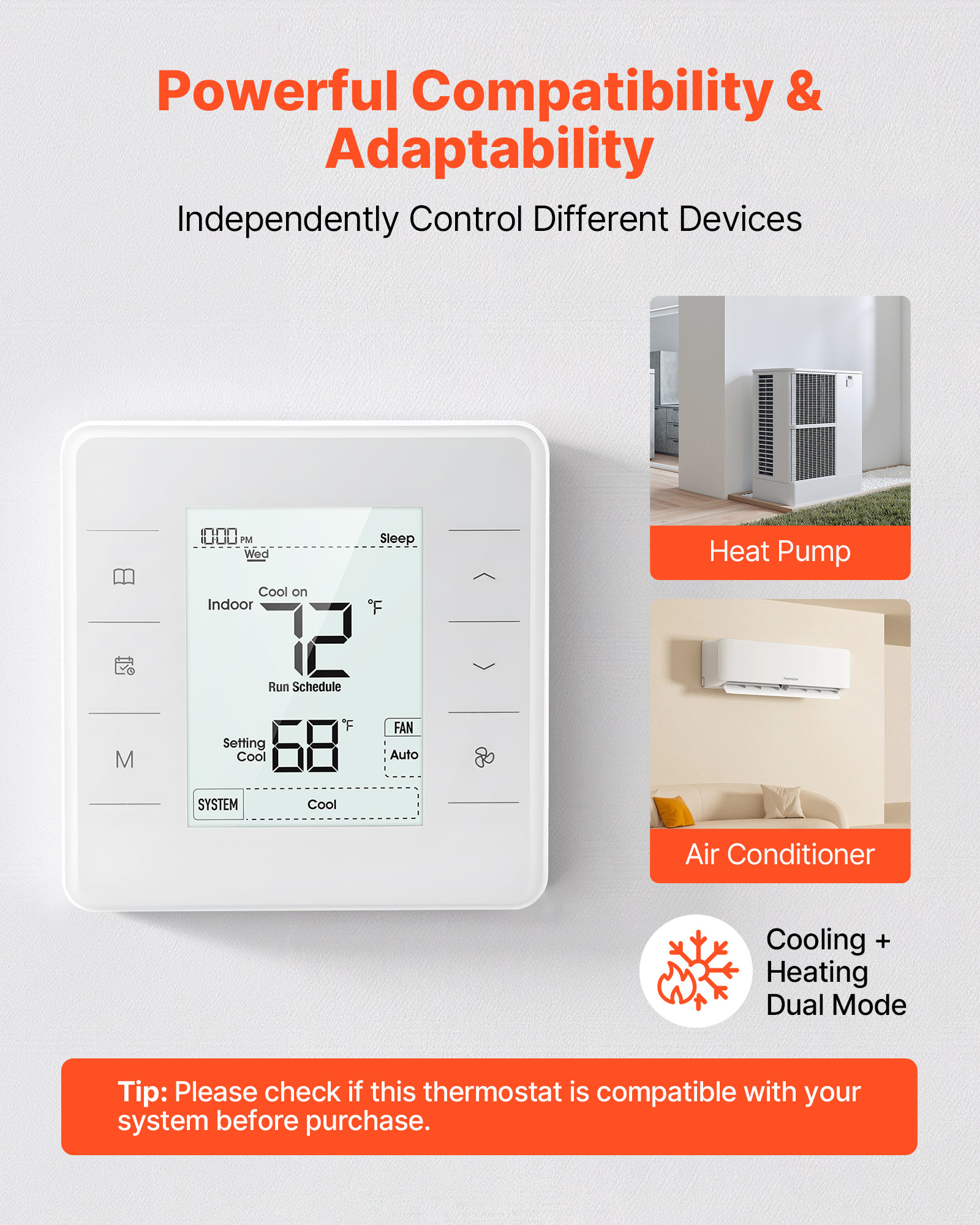 VEVOR 7-Day Programmable Thermostat, Home Thermostats for Heat Pump,Air Conditioner,Underfloor Heating, LED Screen with Backlight & 1Cool+1Heat,Energy-Efficient,Wide Temp Range,White