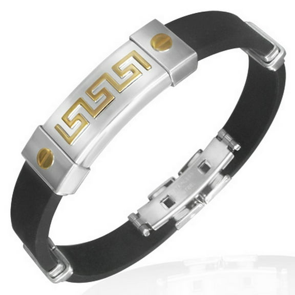 Stainless Steel Black Rubber Silicone Two-Tone Greek Key Mens Bracelet