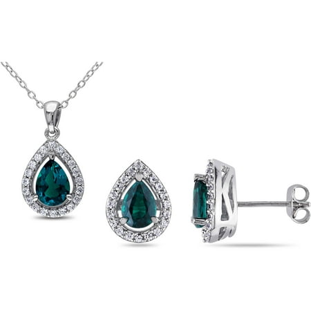 3-1/5 Carat T.G.W. Created Emerald and Created White Sapphire Sterling Silver Halo Pendant and Earrings Set, 18