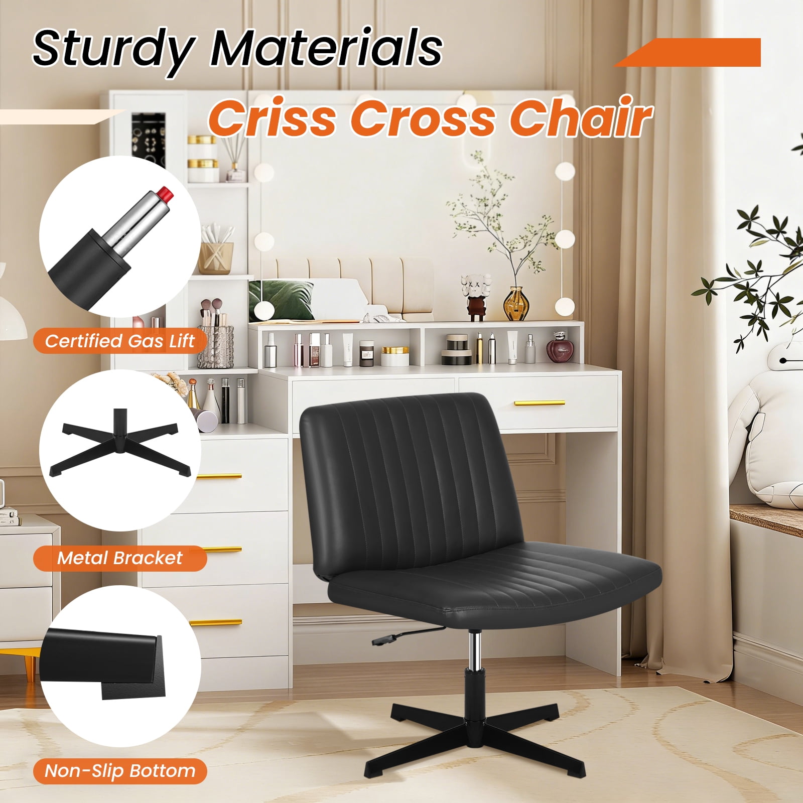 Dkelincs Criss Cross Chair Adjustable Wide Computer Desk Chair Armless Vanity Chair Modern Task Chair No Wheels, Black