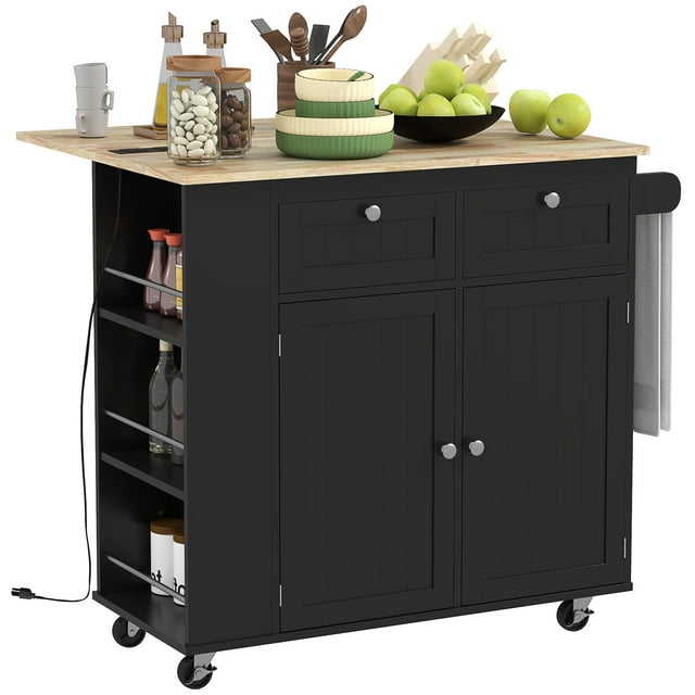 HOMCOM Rolling Kitchen Island with Drop Leaf, Portable Kitchen Island Black