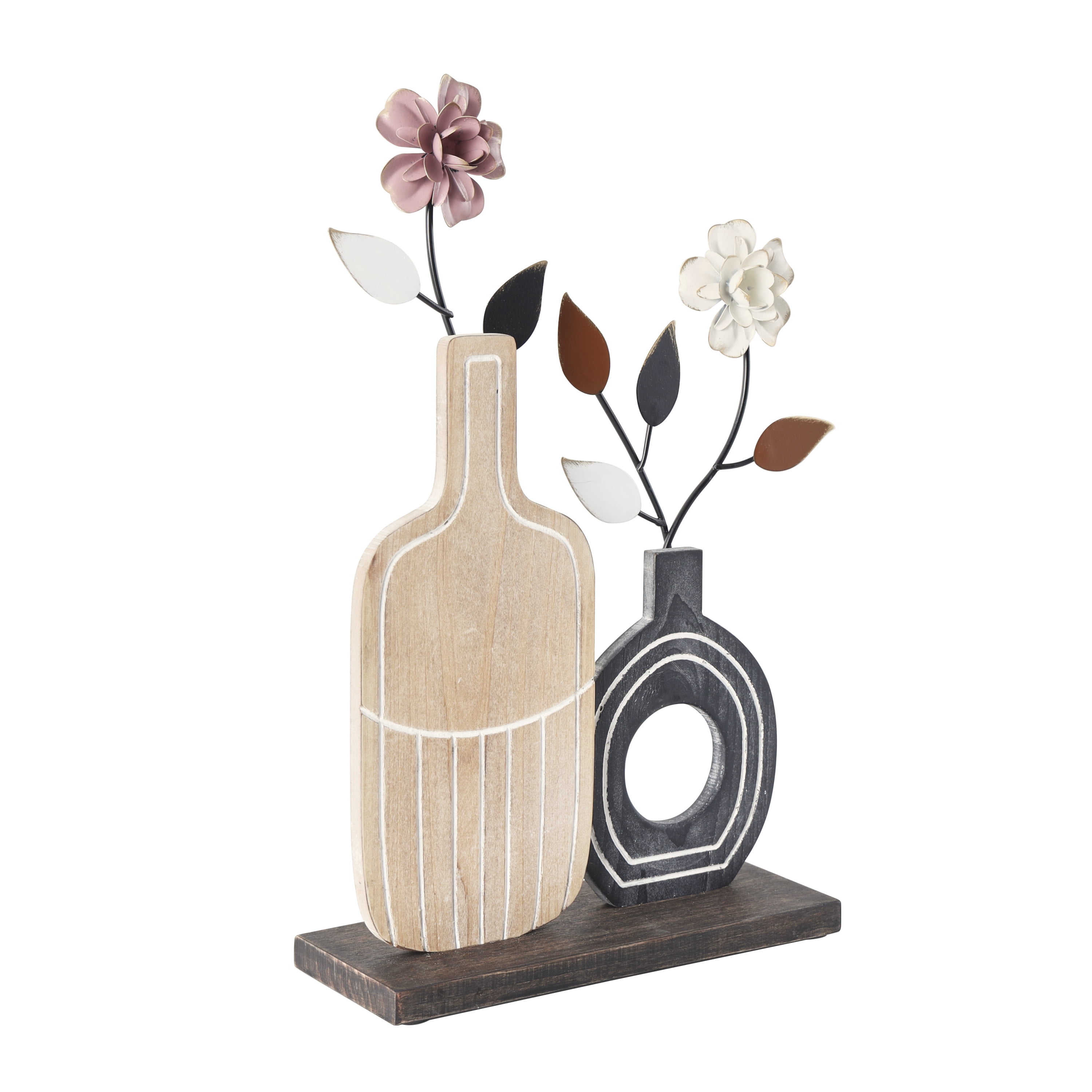 18", 15", 15"H Multi Colored Wooden Patterned Vase Floral Sculpture with Metal Accents, by DecMode (3 Count)