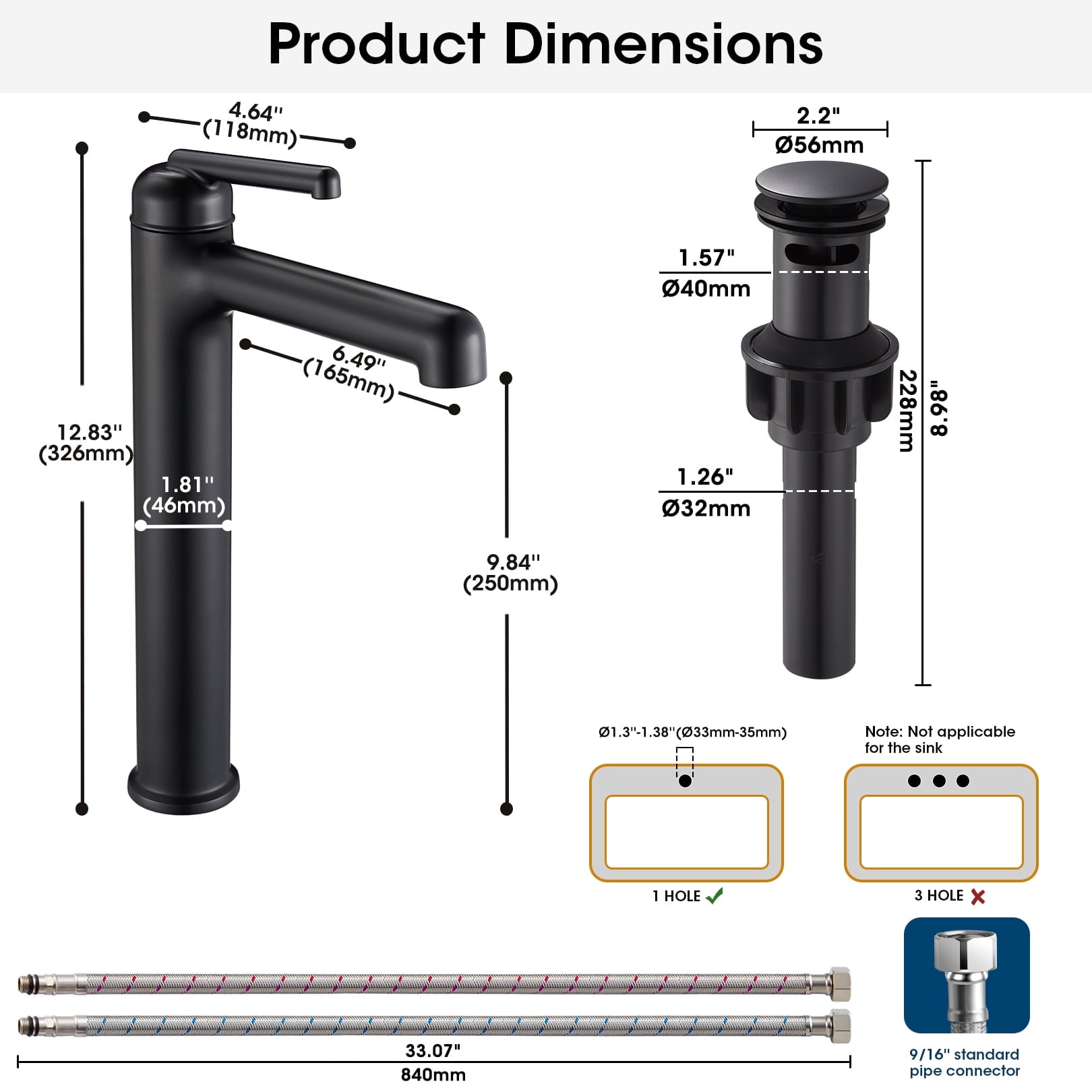 Wowkk Matte Black Bathroom Faucets 9.84" High Spout Tall Basin Faucet, Single Handle Bathroom Sink Faucet with Pop Up Drain and Faucet Supply Lines