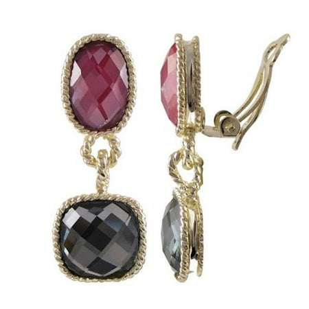 Gray Gemstone Earrings - Dlux Jewels Gold Plated Brass Clip Earrings Dark Red & Grey Color