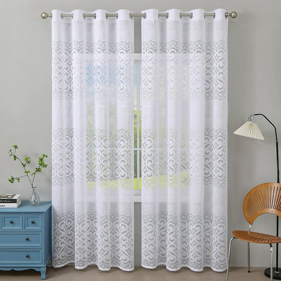 Sunyuer White Boho Floral Lace Curtains for Living Room Bedroom 2 Panels, Elegant Vintage Lace Semi Sheer Curtain Cute Grommets French Light Filteringr Drapes