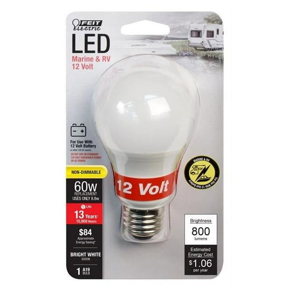 10.5W 12V A19 Marine & RV LED Light Bulb 60W Incandescent, Warm White