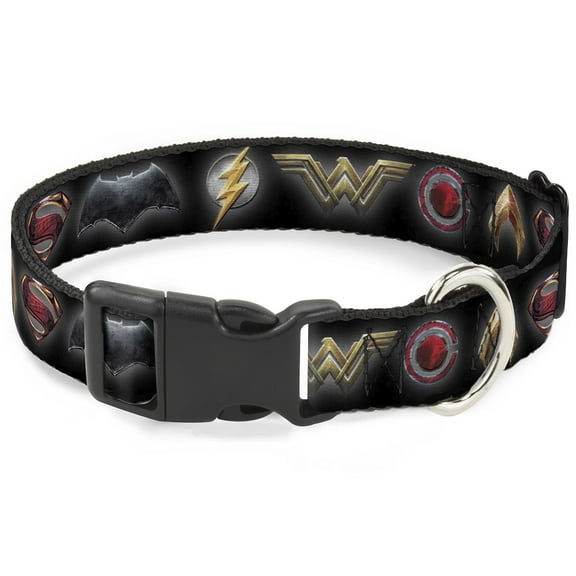 DC Comics Pet Collar, Dog Collar Plastic Buckle, Justice League 2017 Superhero Icons Black, 7 to 8.5 Inches 0.5 Inch Wide