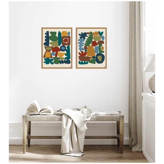 Kate and Laurel Garden Song 2 Piece Framed Canvas Wall Art Set by Kelly Knaga, Sylvie Natural Modern Contemporary, Abstract Art for Wall Decor