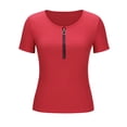 thumbnail image 2 of Fengqque Women's Knitted Rib T Shirt Half Zip V Neck Short Sleeve Casual Summer Slim Fit Top Red L(L), 2 of 7