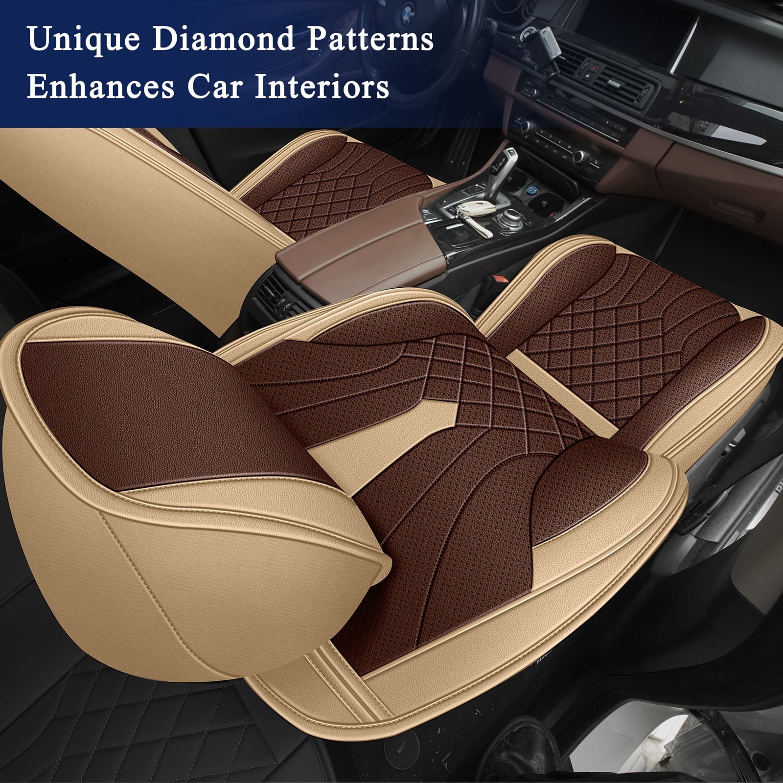 DIKSOAKR Car Seat Covers for Toyota RAV4 1998-2018, Breathable Perforated Faux Leather Seat Cover, 2 Front Seats Interior Automotive Accessories, Beige & Brown