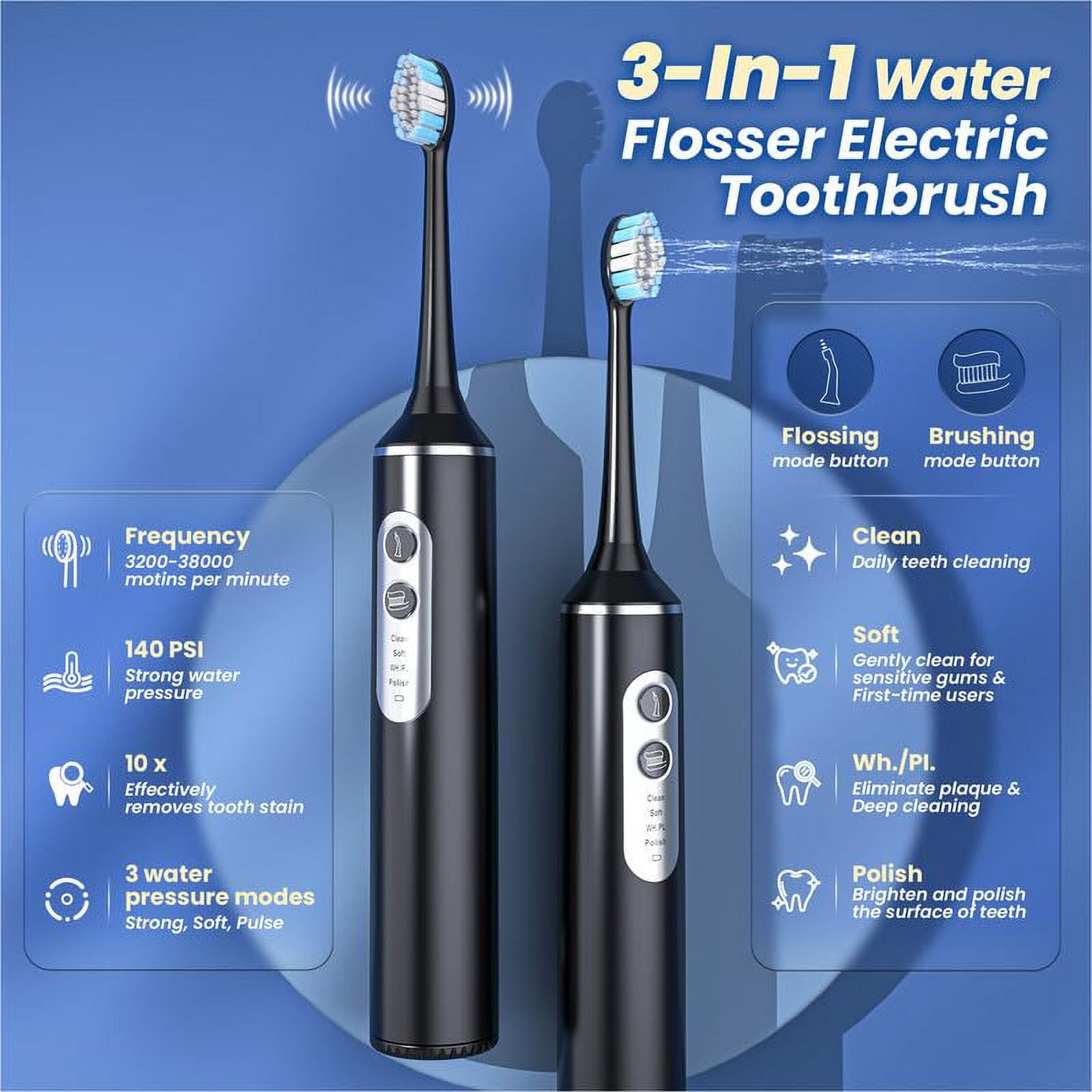 3 in 1 Electric Toothbrush with Water Flosser, Electric Toothbrush & Water Flosser Combo, Teeth Irrigator Cleaning Kit with 4 Modes, Portable Electric Toothbrush for Travel Home