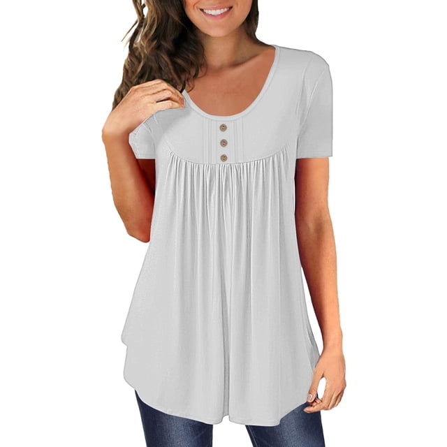 Baberdicy Ruched Tunic Tops for Women - Casual Short Sleeve Blouses (Leggings Matching, Spring/Summer Outfits) White L