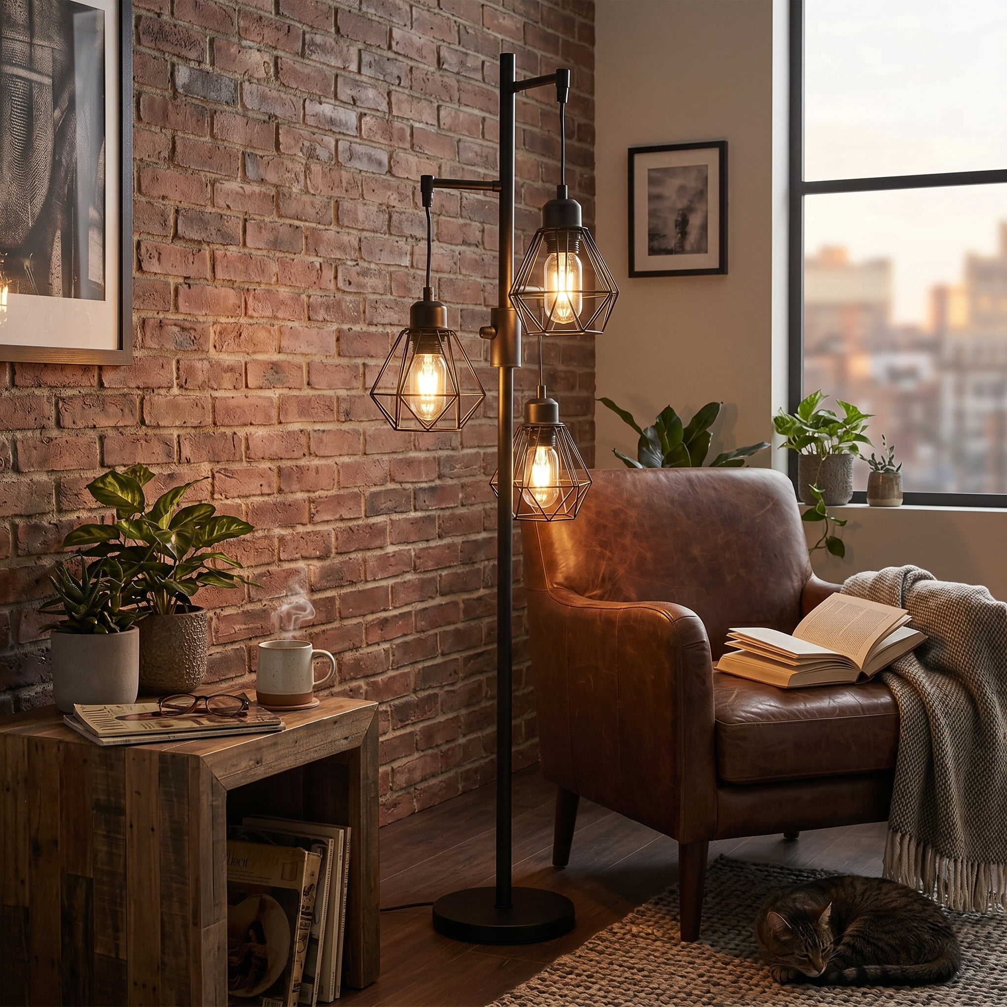 Industrial Floor Lamp with 3 Dimmable LED Bulbs Standing Lamp for Living Room Tree Floor Lamp Tall Lamp with Cage Shades for Bedroom Home Decor