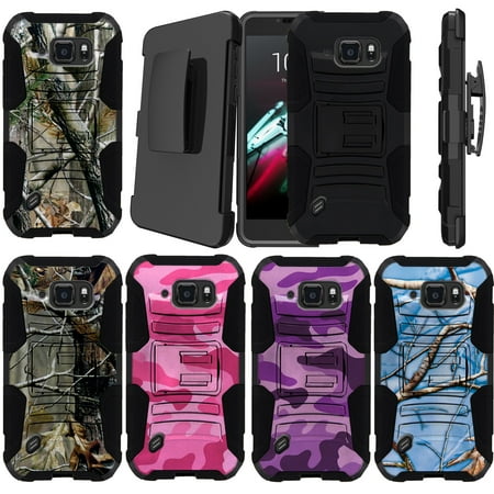 Samsung Galaxy S6 Active Model [NOT FOR REGULAR S6] Holster Case [Camo Case][Camouflage Phone Case Series] w/ Built-In Kickstand + Bonus Holster - Plain Black /No