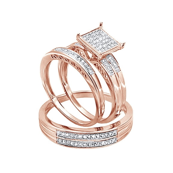 AFFY White Natural Diamond Micro-Pave Engagement & Wedding Trio Bridal Ring Set In 14k Rose Gold Over Sterling Silver (0.23 Cttw)
