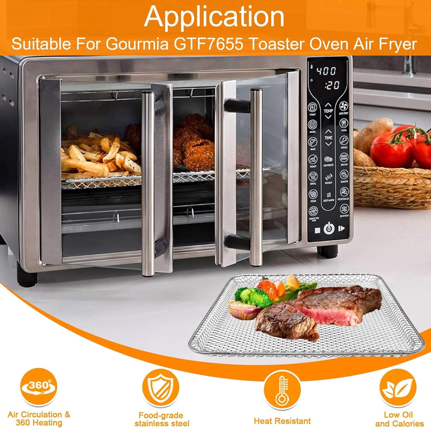 Air Fryer Basket Replacement for Gourmia GTF7655 GTF7460 GTF7465 GTF7520- Toaster Oven Accessory Parts for 24L Capacity 1700W French Door Digital Air Fryer Oven with 17 Cooking Presets