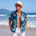 thumbnail image 5 of Short Sleeve Hawaiian Shirts for Men Tropical Leaf Button Up Shirts Navy Blue Floal Palm Tee Summer Beach, 5 of 7