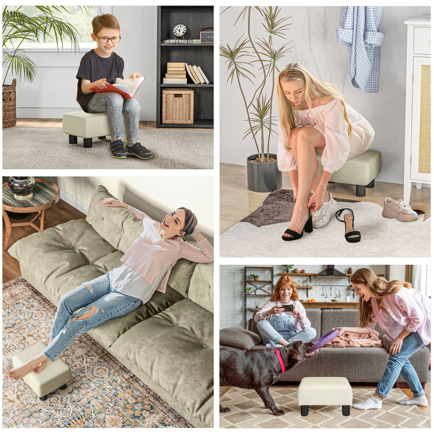 Cube Ottoman, Beige Linen Fabric Footrest for Living Room, Extra Seat