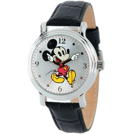 Mickey Mouse Women's Shinny Silver Vintage Articulating Alloy Case Watch, Black Leather