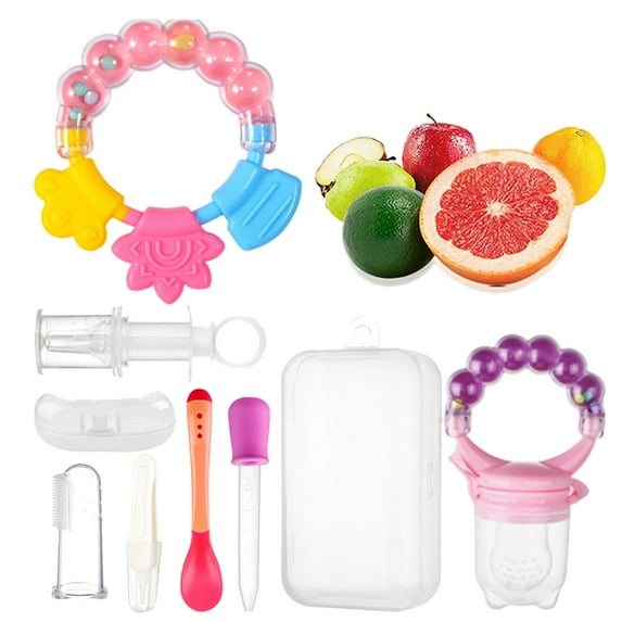 Dsseng 7 Pcs/Set Baby Feeder Set Syringe Dropper Brush Medicine Feeder Pacifier Dispenser Baby Care Baby Silicone Teether with Rattle Baby pacifier fruit teat(blue)