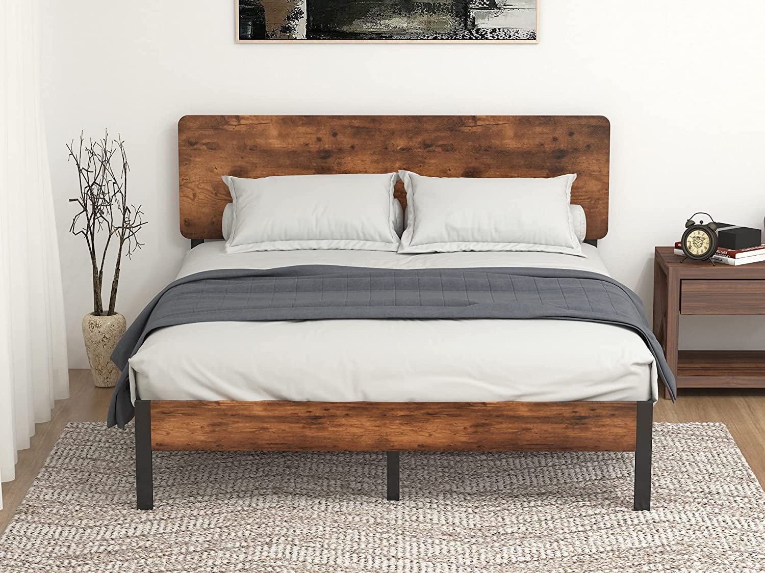 Full/Queen Size Metal Platform Bed Frame w/Wooden Headboard Rustic Country Style 