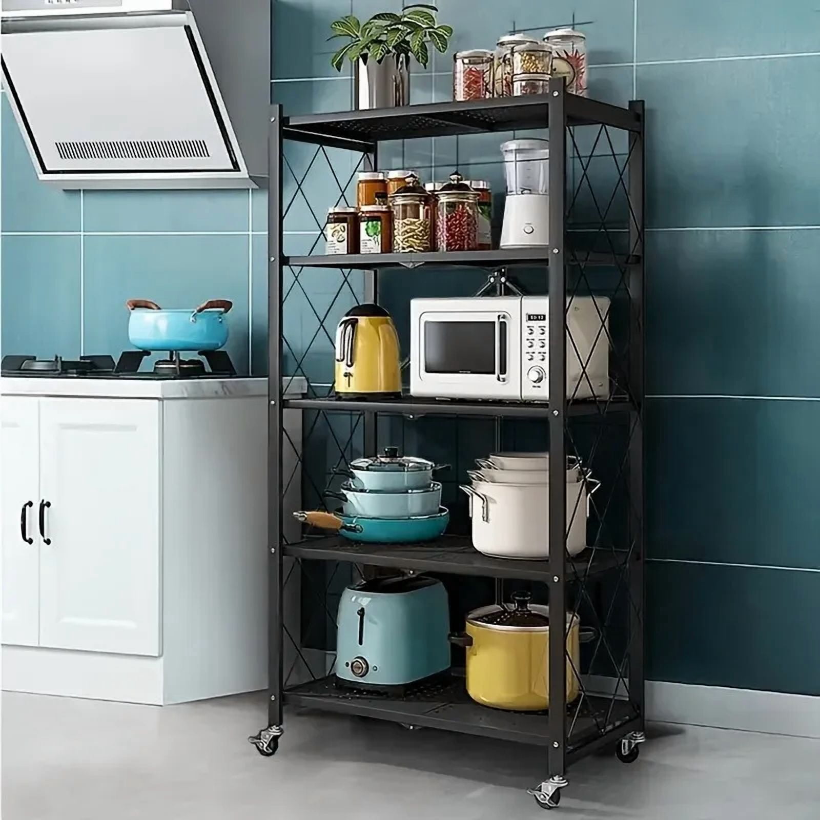 Foldable 5-Tier Heavy Duty Storage Rack with Wheels,Rolling Utility Cart for Kitchen, Garage, Living Room, Study, Basement