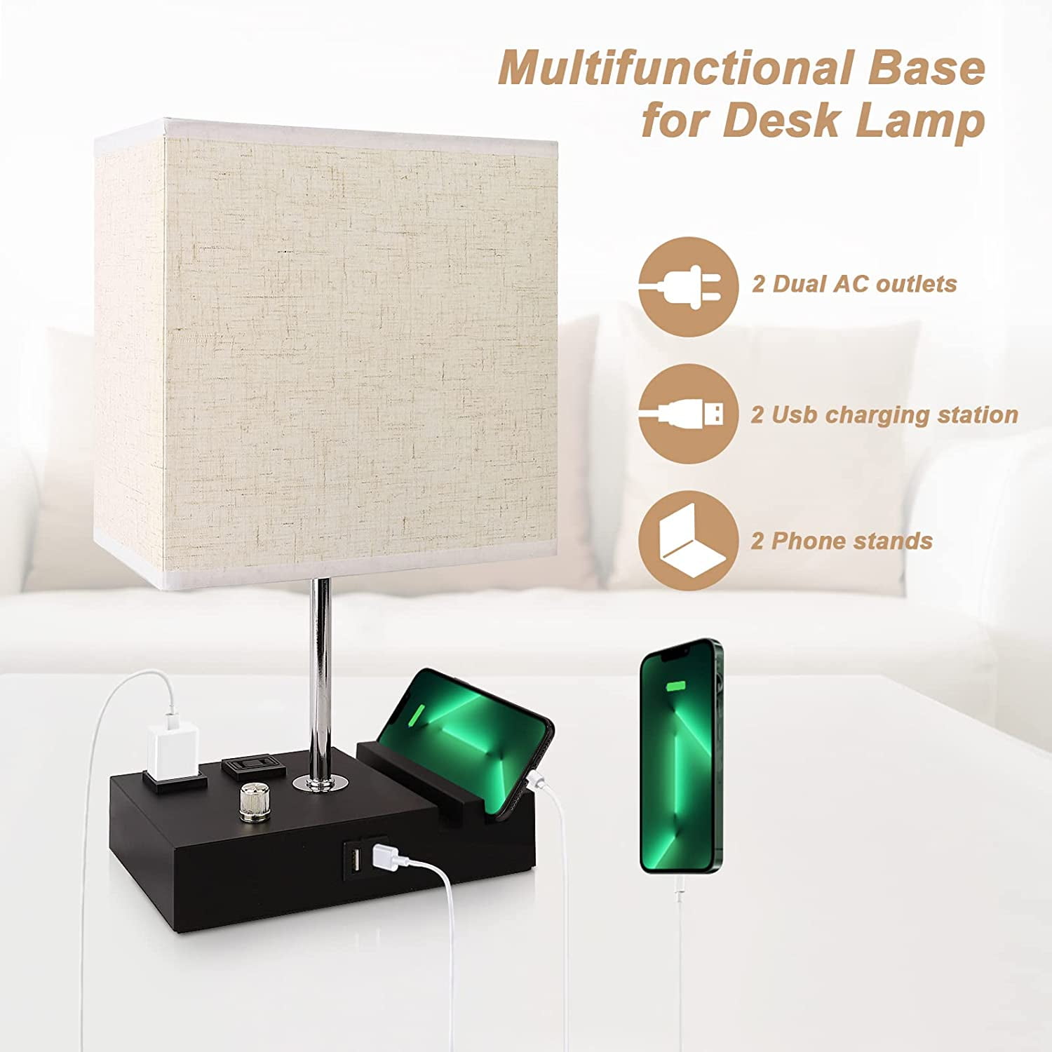 GPED Bedside Table Lamp for Bedroom with Dual Fast USB Charging Ports, Fully Dimmable Nightstand Lamps with 2 Phone Stands and 2 Charging Outlets, Desk lamp with Fabric Shade for Living Room