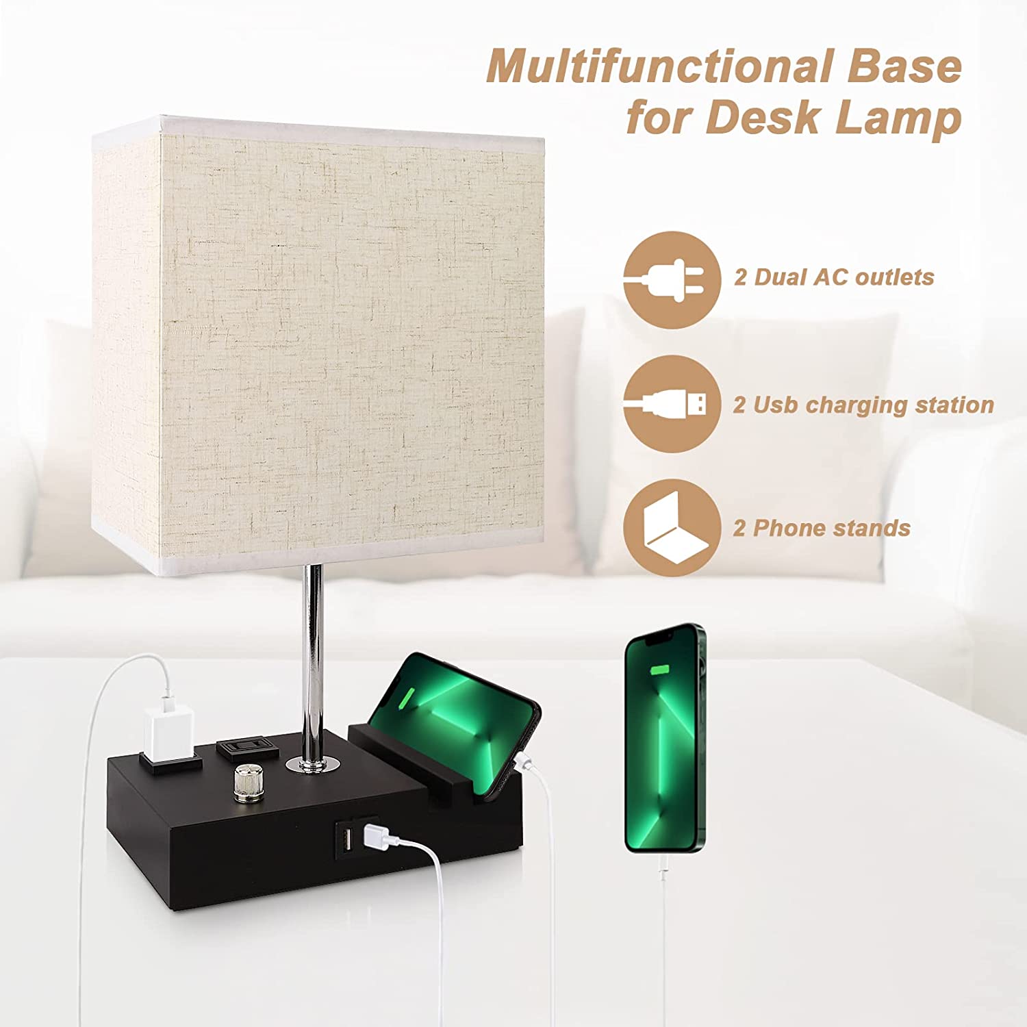Gped Bedside Table Lamp with USB Ports, Beige photo 6