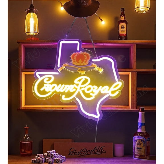 Queen Sense 16"x14" Crown Royals Texas Map LED Neon Sign for Wall Decor Dimmable USB Powered LED Light W116CRLV2TM-5VLED