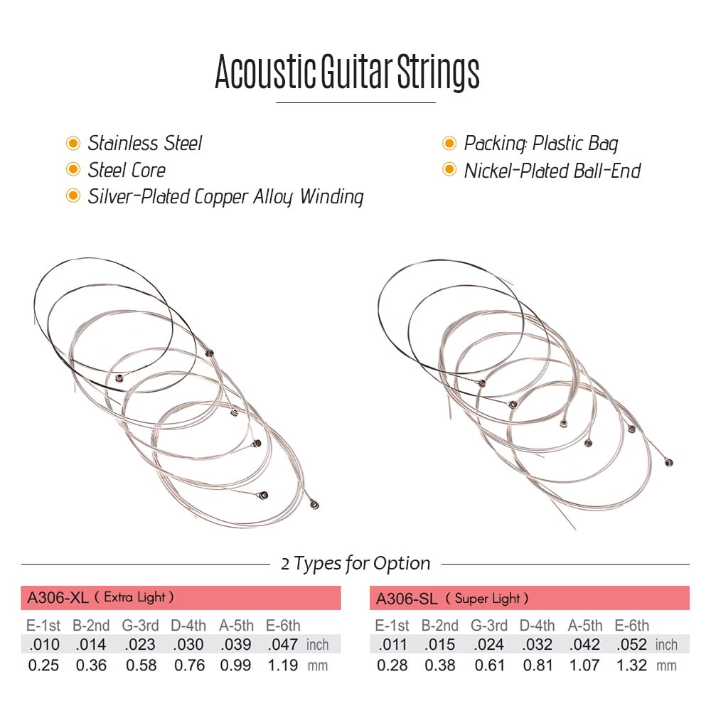 Alice A306 Series Acoustic Folk Guitar Strings Set Stainless Steel Wire  Steel Core Silver-plated Copper Alloy Wound, 6pcs/ Set, Extra  Light(.010-.047)