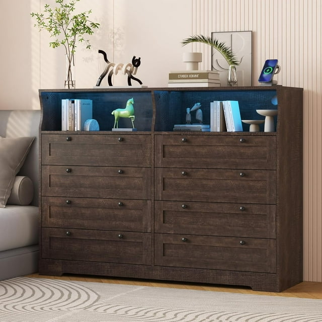 Commode de 55 Pouces à 8 Tiroirs avec Lumières DEL et Station de Recharge, Grande Armoire de Rangement pour Chambre