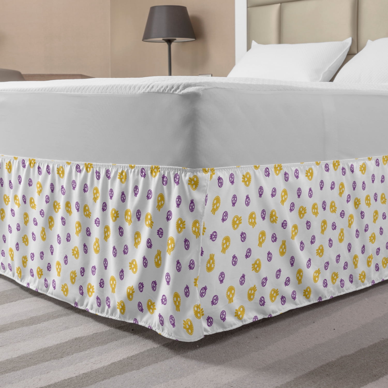 Purple and Yellow Bed Skirt, Halloween Scary Skeleton Themed Plenitude
