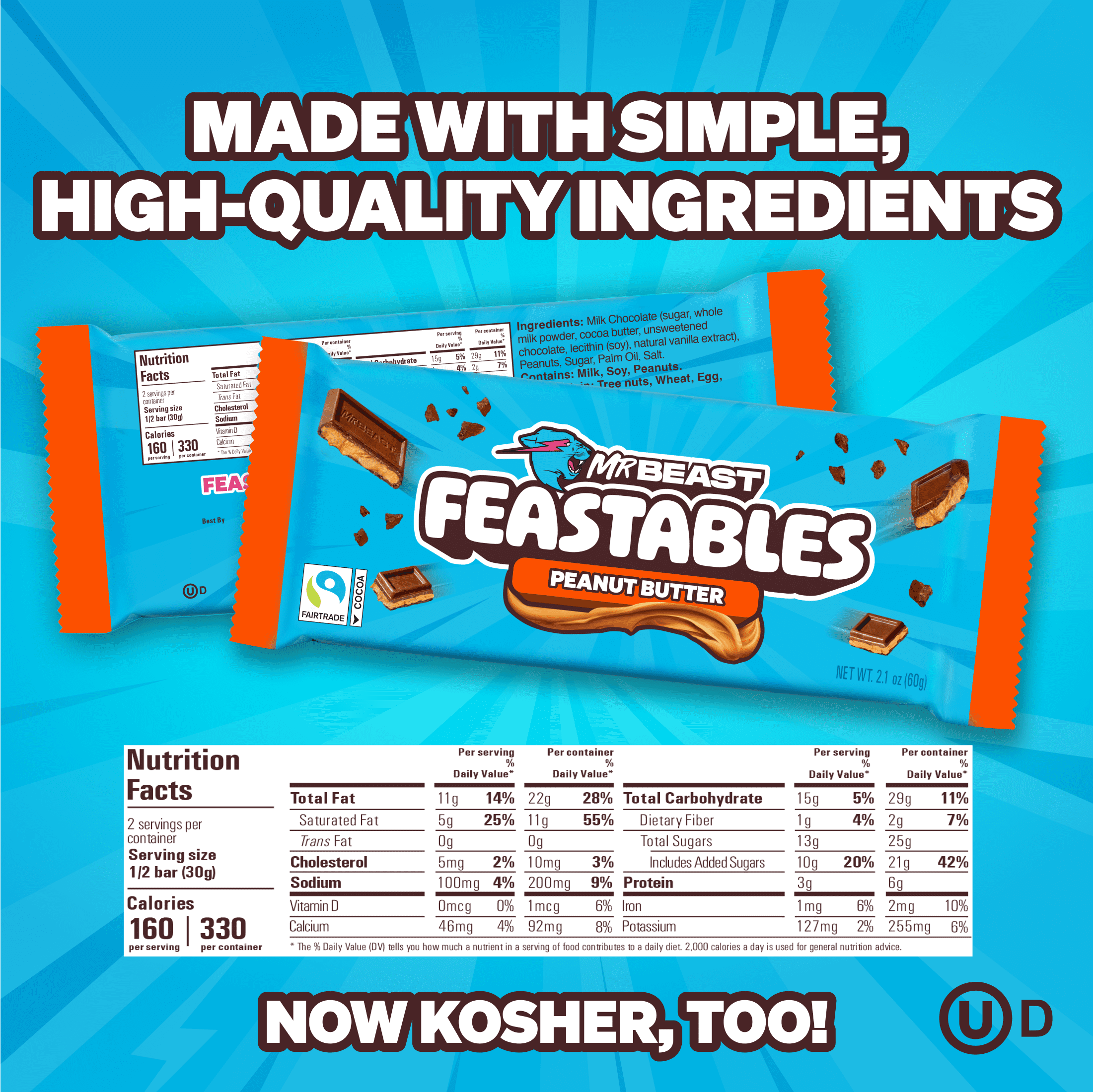 Feastables MrBeast Peanut Butter Milk Chocolate Bar, 2.1 oz (60g), 1 Count