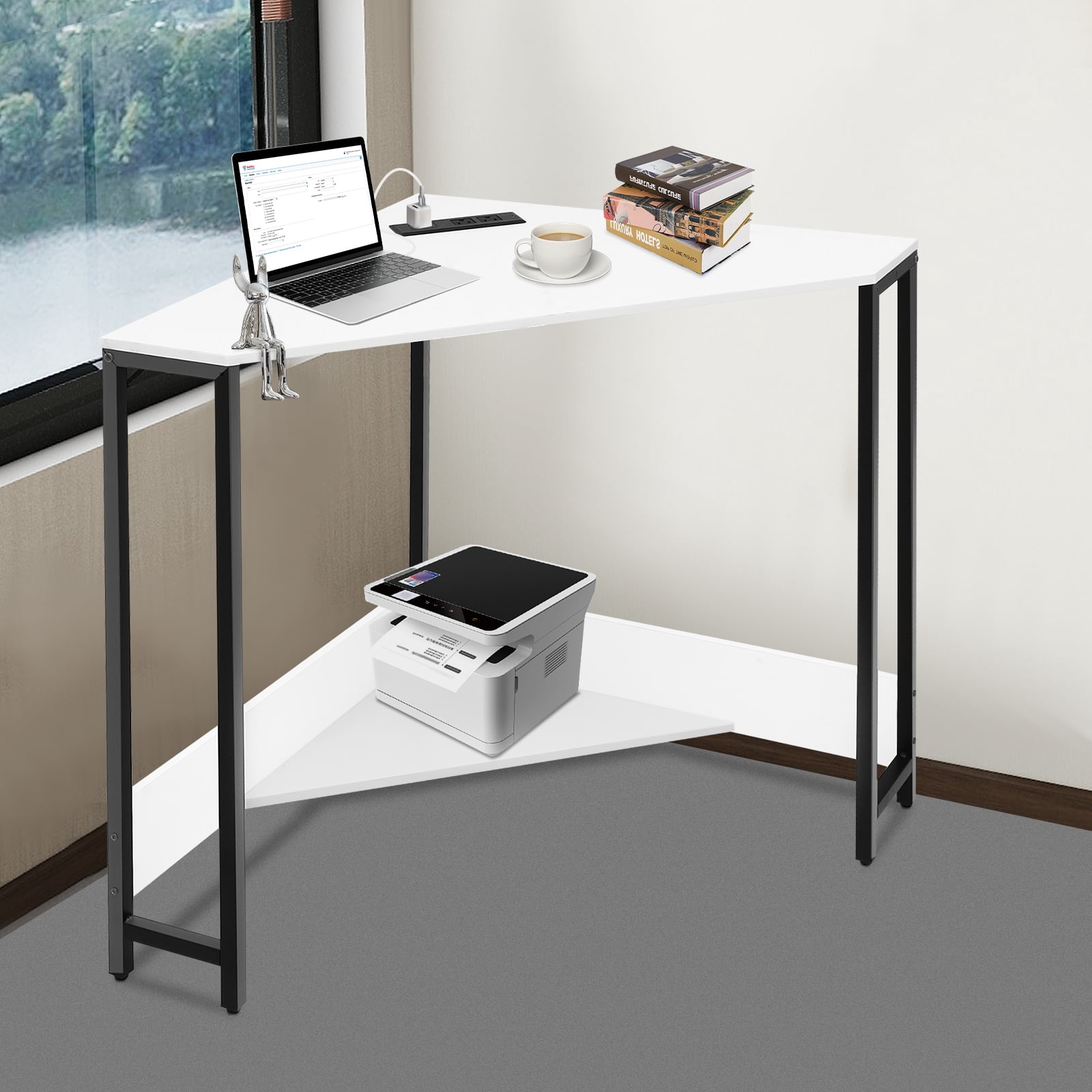 White Triangular Corner Desk Small Desk with Outlets Free Standing computer desk Corner Table for Small Space Office Student Dormitory Design Studio Game Room Study Room Modern Style