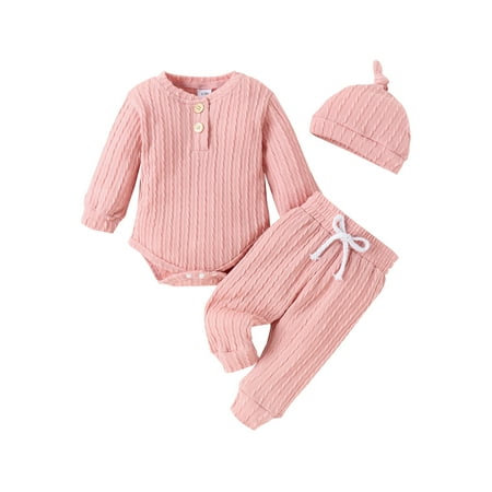 

Baby 3 Piece Clothes Outfits Long Sleeve Rompers and Pants Beanie