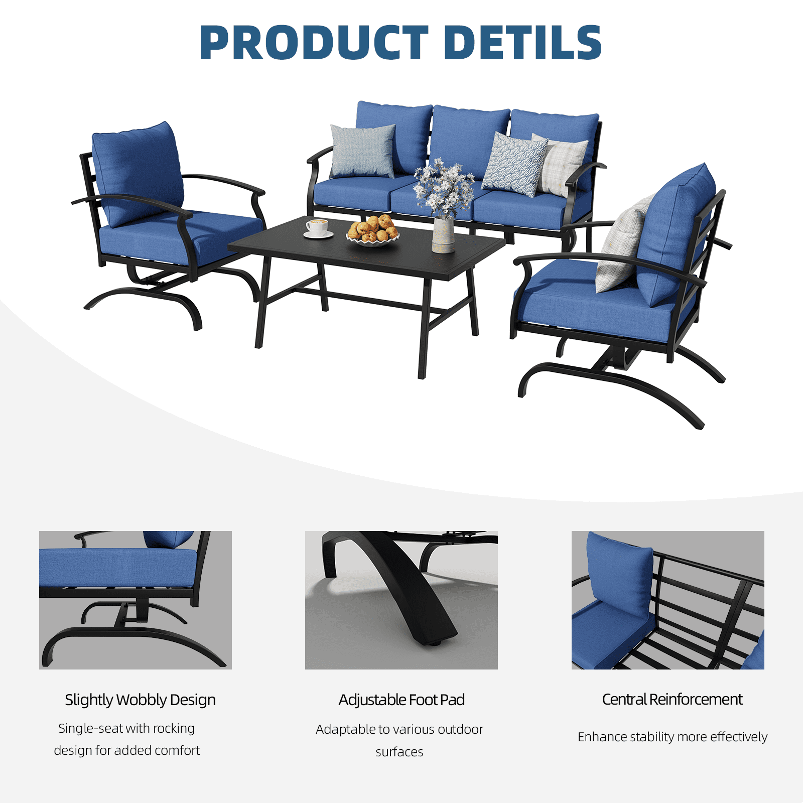 ALAULM 4 Piece Patio Furniture Set,Outdoor Metal Patio Furniture with Coffee Table & Rocking Chairs Conversation Set for Porch,Backyard,Poolside, Garden-Navy Blue