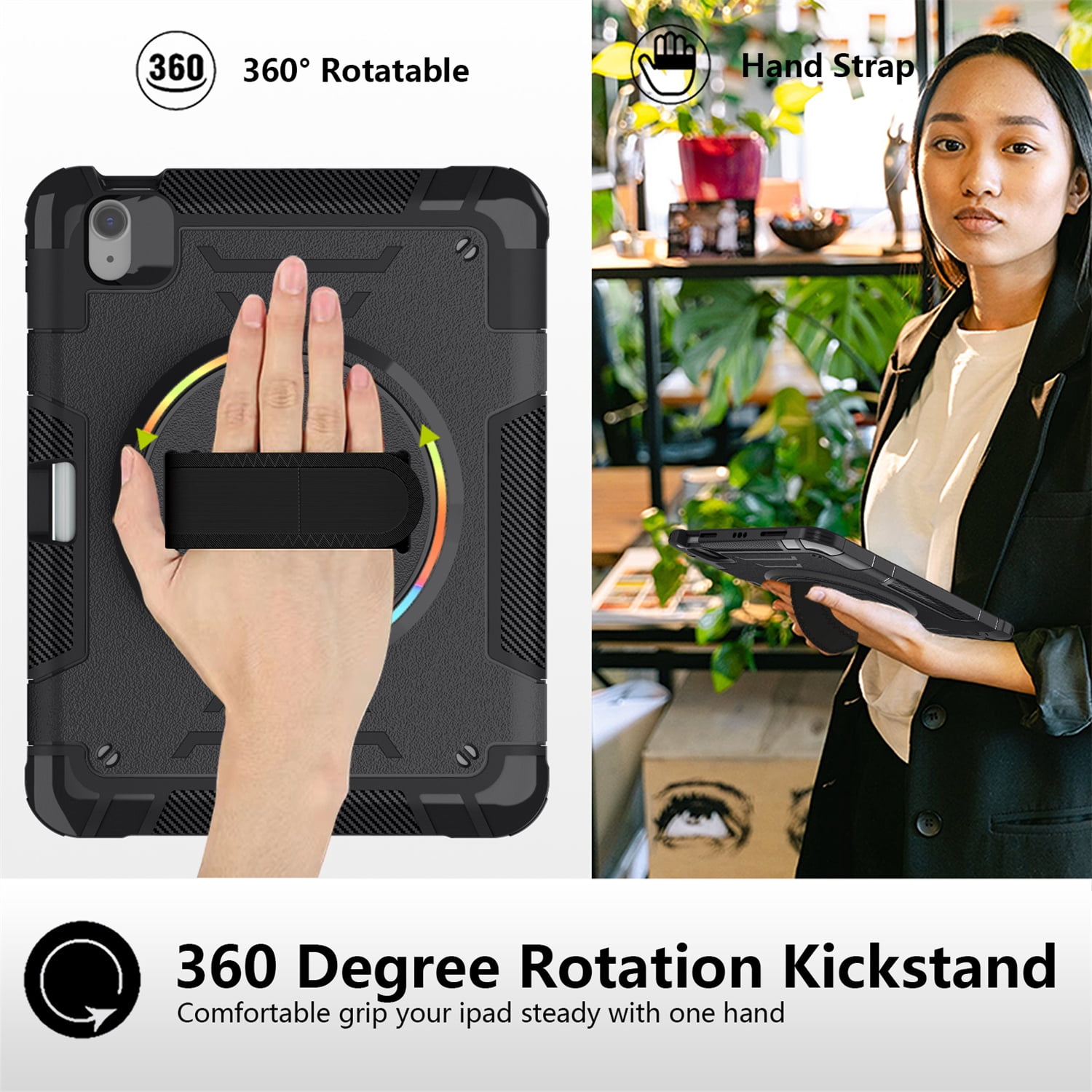 Shockproof Case for Apple iPad 11th 10th Gen 2025 2022, with Pencil Holder Military Grade Protection Rotating Stand Hand Strap Shoulder Strap Bumper Rugged Case for iPad 11th Gen 11"/ 10th Gen 10.9"